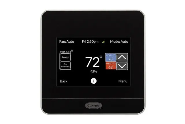 Close-up of the best thermostat, displaying a temperature of 72°F, fan set to auto, with various advanced settings clearly visible on the screen.
