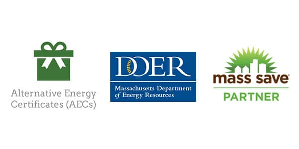 Logos of Alternative Energy Certificates (AECs), Massachusetts Department of Energy Resources (DOER), and Mass Save Partner displayed side by side.