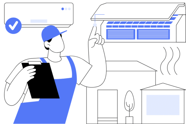 An illustrated version of a Central Cooling & Heating tech maintaining a ductless heat pump system.