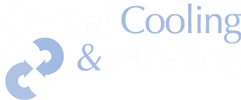 Logo of Central Cooling & Heating with stylized blue and white text on a transparent background.