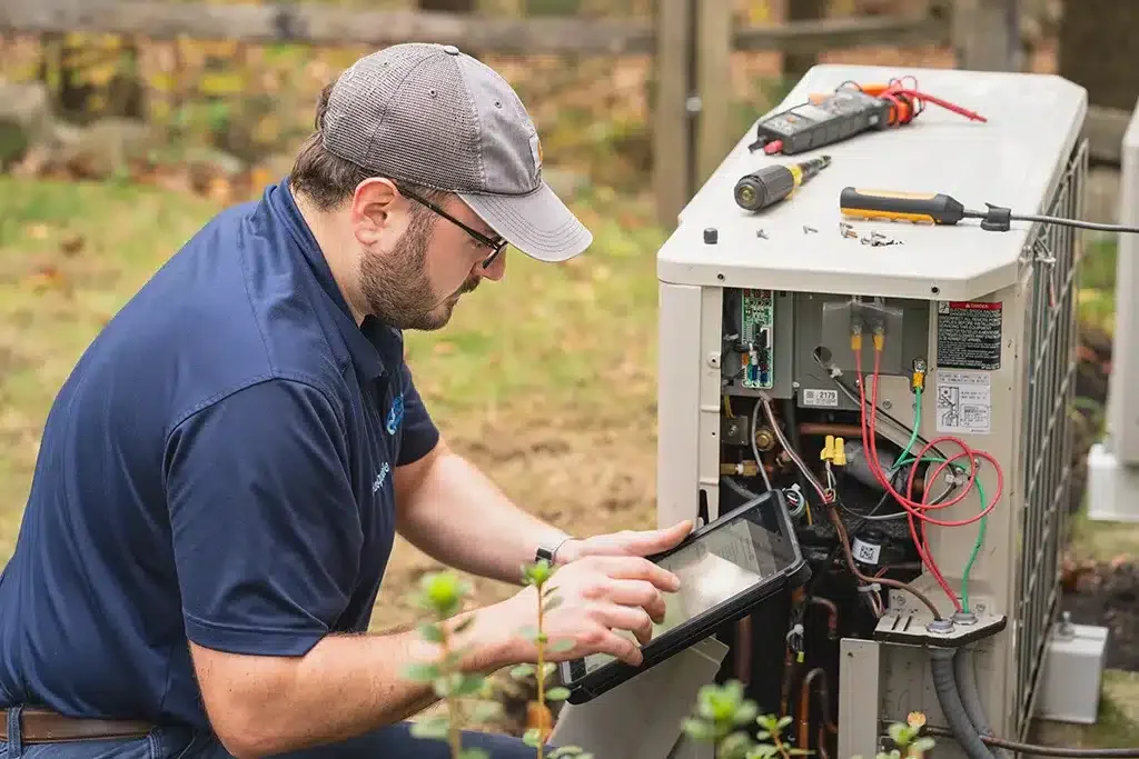 A dedicated technician in a blue shirt and cap diligently examines an outdoor HVAC unit with a tablet, surrounded by tools, ensuring top-notch services are delivered.