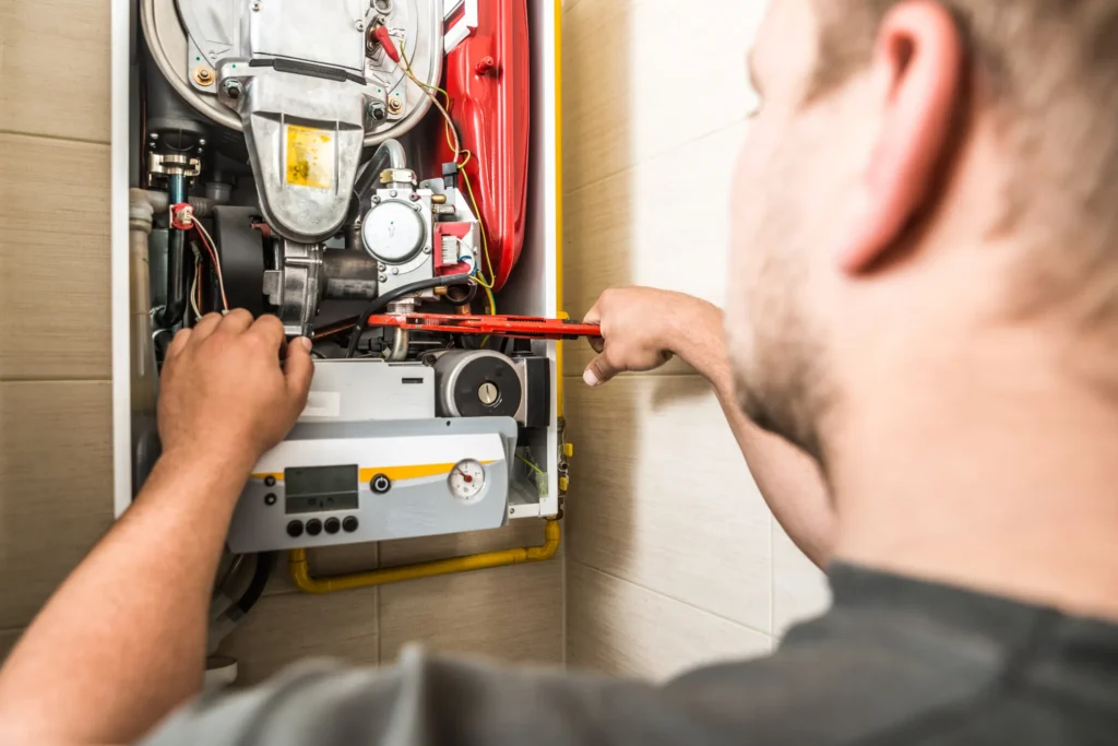 A person expertly using a furnace repair tool to fix a gas boiler mounted on the wall.
