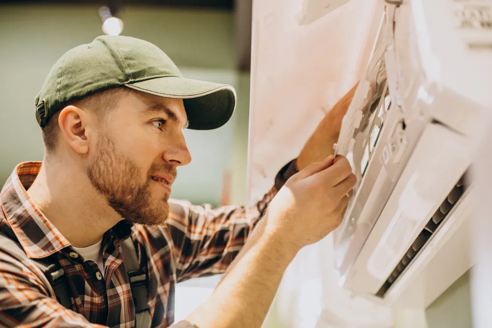 A professional man in a plaid shirt and cap expertly repairs an air conditioning unit indoors.