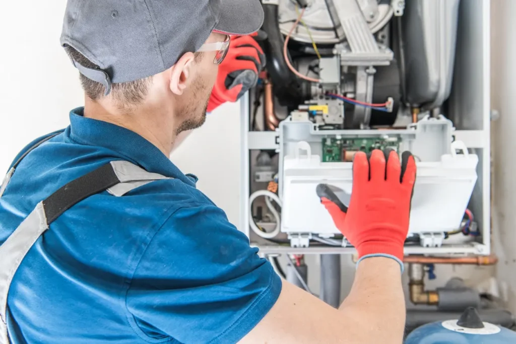 A technician in a cap and red gloves focuses on furnace repair in Belmont, expertly examining the open HVAC unit's circuit board.